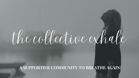 W woman standing on a dock infront of the foggy lake with her eyes close embracing the balance of supportive community and independence with the text, "the collective exhale - a supportive community to breathe again"