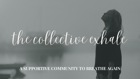 W woman standing on a dock infront of the foggy lake with her eyes close embracing the balance of supportive community and independence with the text, "the collective exhale - a supportive community to breathe again"