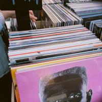 A record stack at a music store