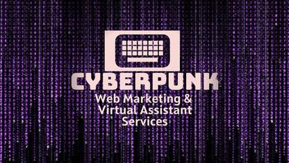 Cyberpunk Web Marketing & Virtual Assistant Services logo with purple code background
