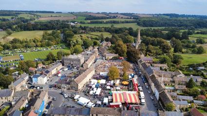 aerial view of Masham Sheep Fair in the market place