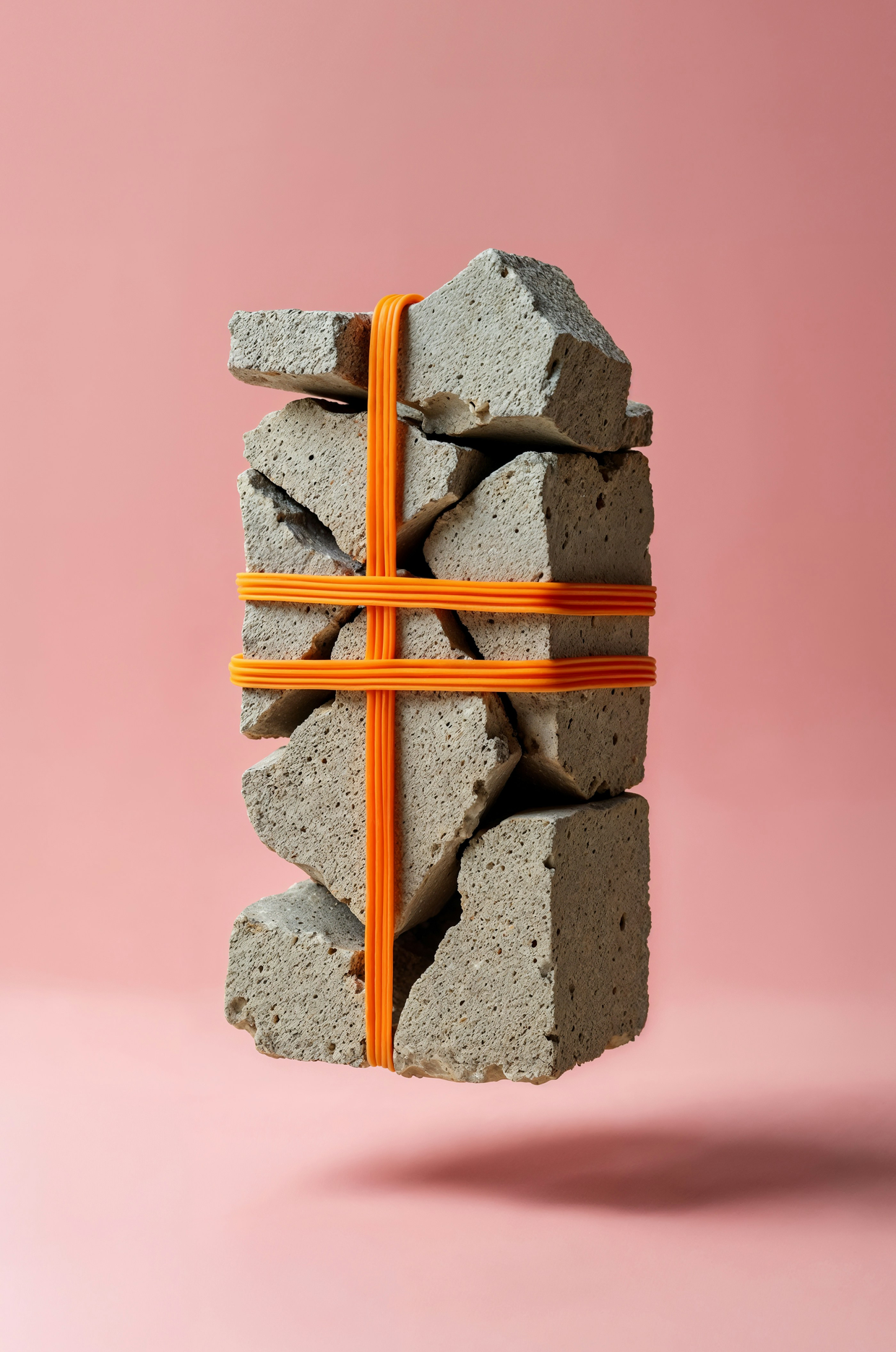 Oppsprukket betongblokk holdt sammen av oransje stropper mot rosa bakgrunn