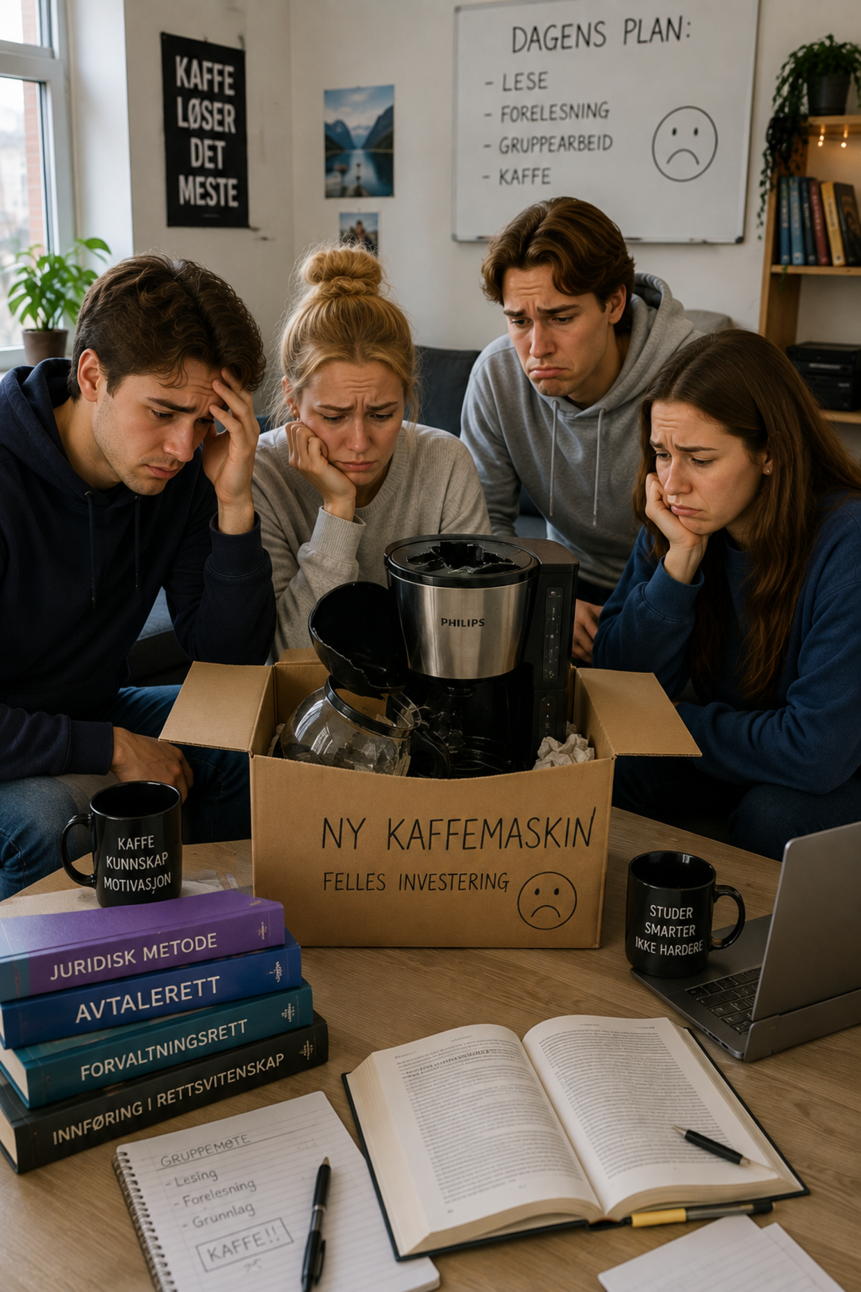 Fire studenter ser oppgitt på en defekt kaffemaskin i en eske merket NY KAFFEMASKIN