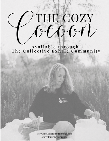 A calm woman playing sound bowls with the text The Cozy Cocoon - Available through the Collective Exhale Community and she is ready to provide tools for you to ease your breath and body.