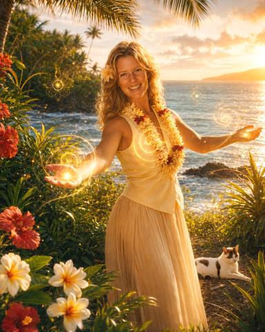A radiant woman embodies Golden Flow on a tropical shoreline at sunset, surrounded by lush flowers, luminous spirals, and the gentle presence of a beloved companion animal.