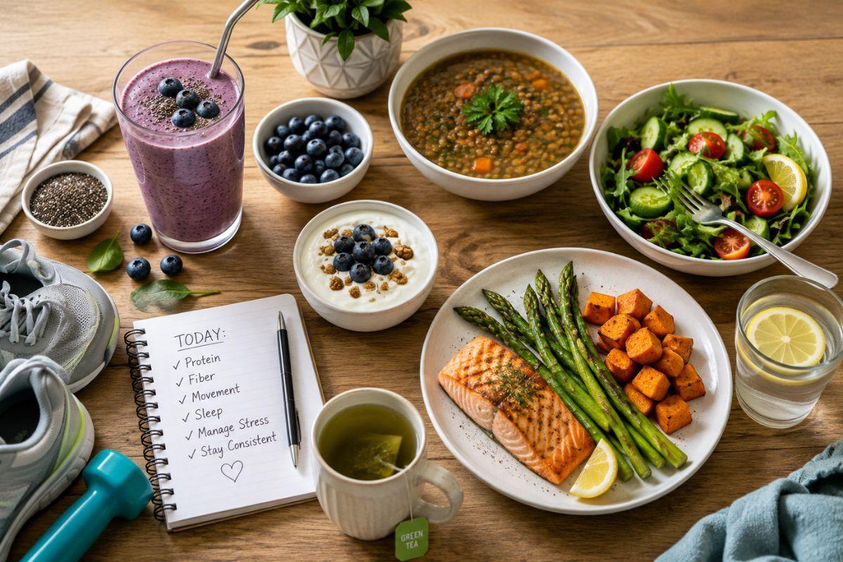 Example of a natural GLP-1-supporting day with protein, fiber, movement, and whole foods