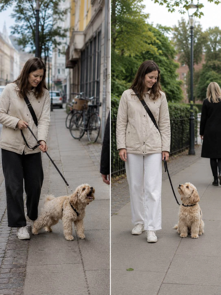 Før og efter billede af hund der har lært at stoppe med at gø