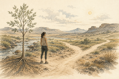 A grounded woman pauses beside a rooted tree, flowing water, and branching paths.