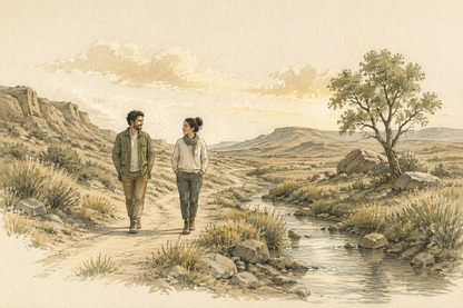 Two people walk side by side along a path beside flowing water.