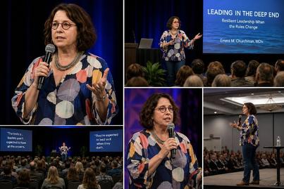 Photos of Emma Churchman on stage speaking