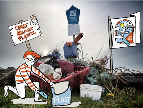 Jennifer Timrott's Coast against Plastic slide: a drawn figure collecting plastic on a real beach photo