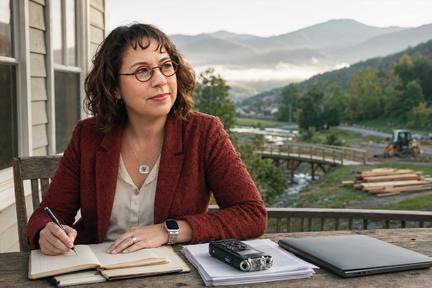 Emma Churchman writing at outdoor desk
