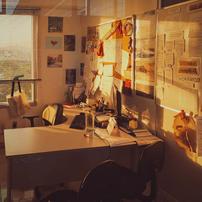 A cork board in a corner office being lit but the afternoon sun