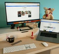 A desktop monitor next to a laptop showing web design templates