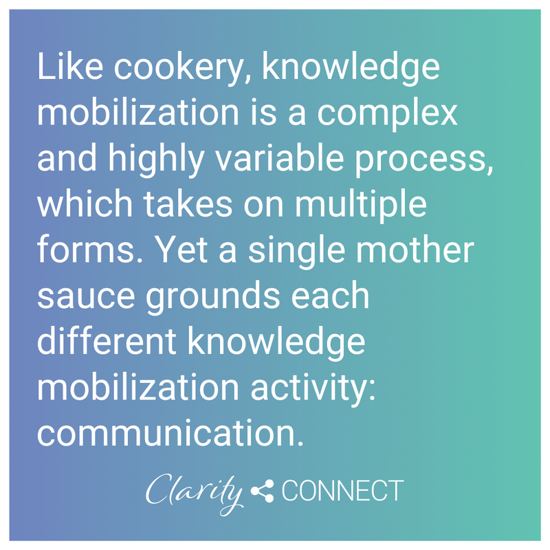 Like cookery, knowledge mobilization is a complex and highly variable process, which takes on multiple forms. Yet a single mother sauce grounds each different knowledge mobilization activity_ communication