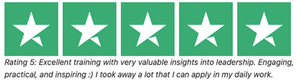 Rating 5: Excellent training with very valuable insights into leadership. Engaging, practical, and inspiring :) I took away a lot that I can apply in my daily work.