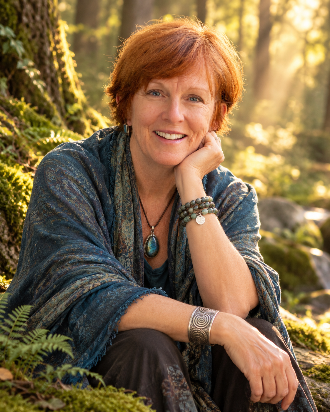 Marilyn Edwards smiling in a sunlit forest, resting her cheek on her hand