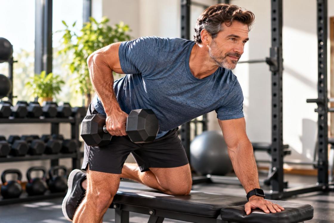 Man strength training with dumbbells to maintain muscle during weight loss