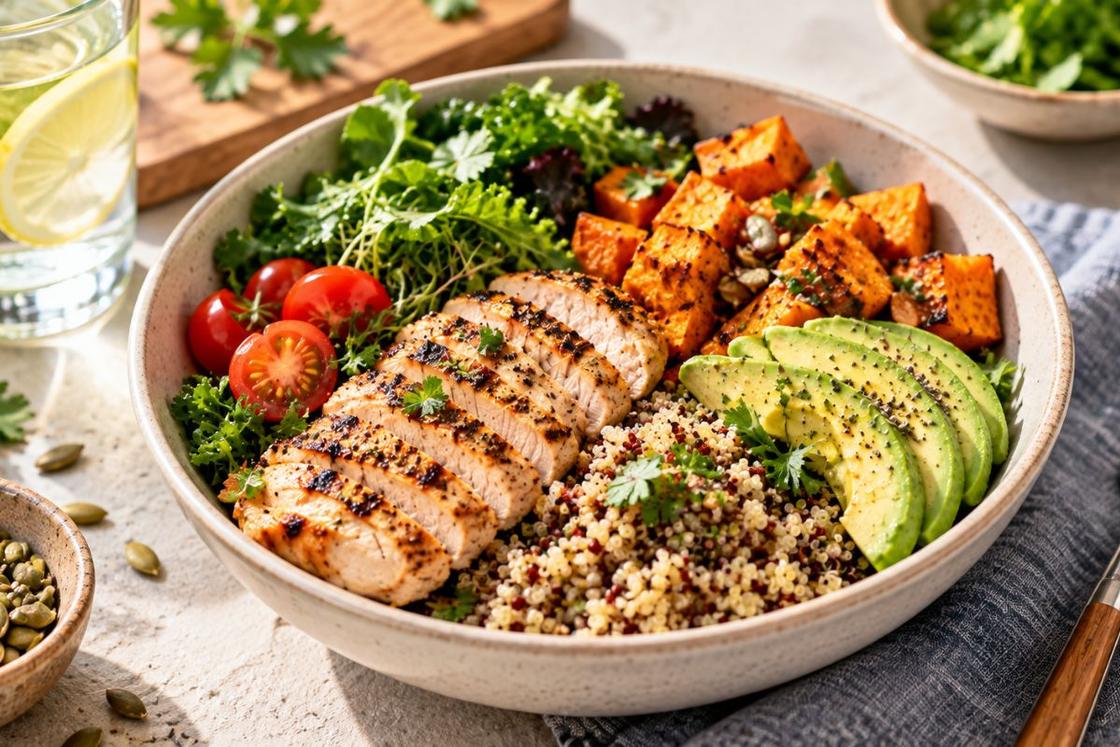 Balanced high protein meal with vegetables and whole foods for natural weight loss