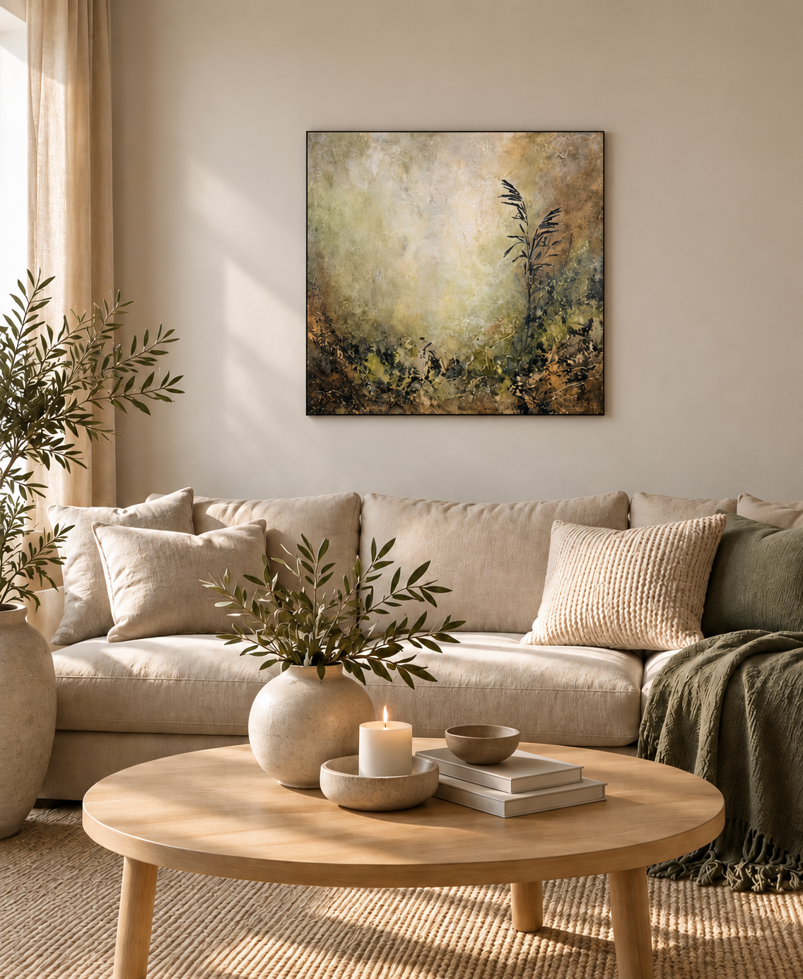 Solbelyst skandinavisk stue med abstrakt kunst på veggen