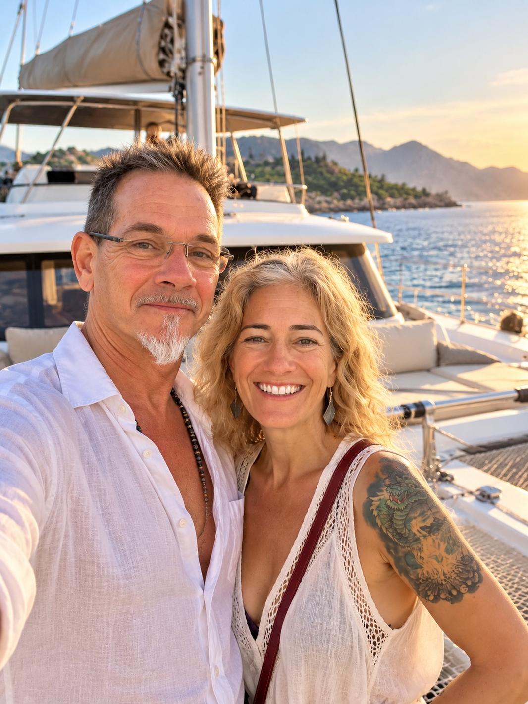 Golden-Hour Catamaran Couple Selfie