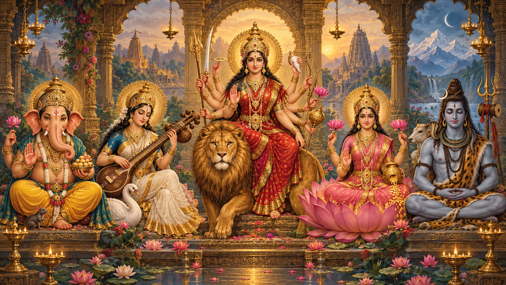 Five Hindu Deities in Sacred Harmony