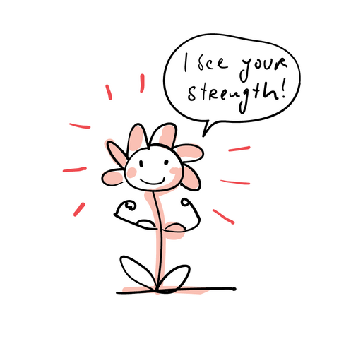 Emma-Kate Corby's signature pattern: a flower with muscles saying I see your strength