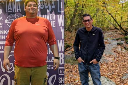 A side by side picture of a man before and after his weight loss with Zenith Coaching Academy