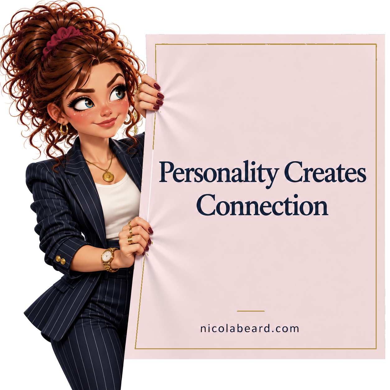 Clara Fication holding a sign that says Personality Creates Connection