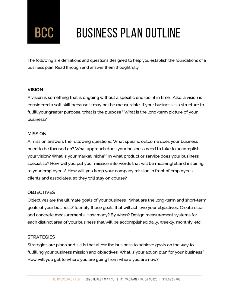 Business Plan Outline Worksheet