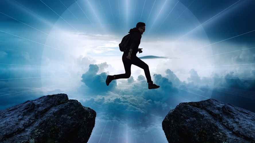 leap faith heros journey rock jump man sky light epic banner