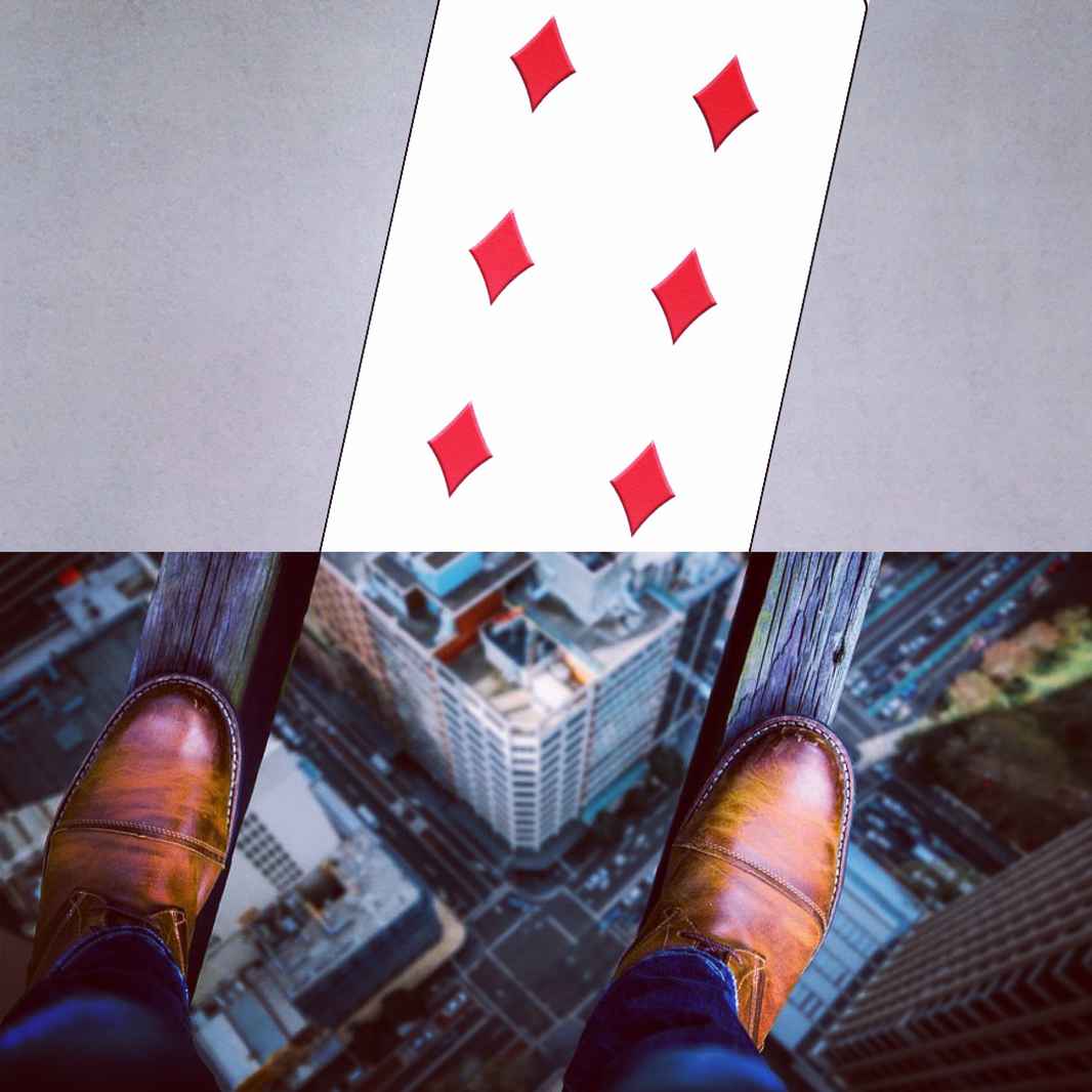 6 of Diamonds Meaning, Cartomancy: Man's on glass floor looking down over city