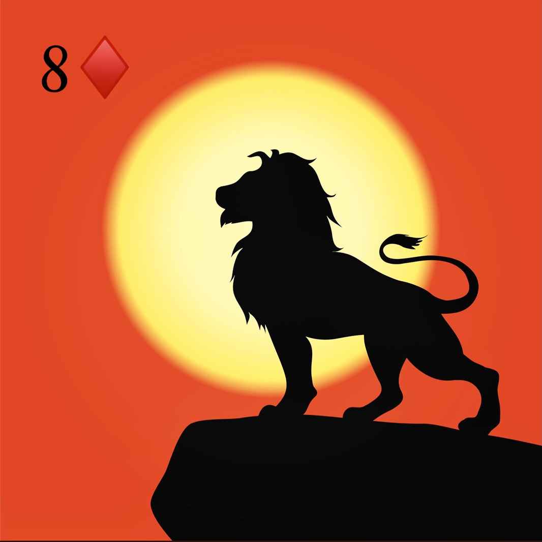 8 of Diamonds: Lion in front of sun (Mufasa?)