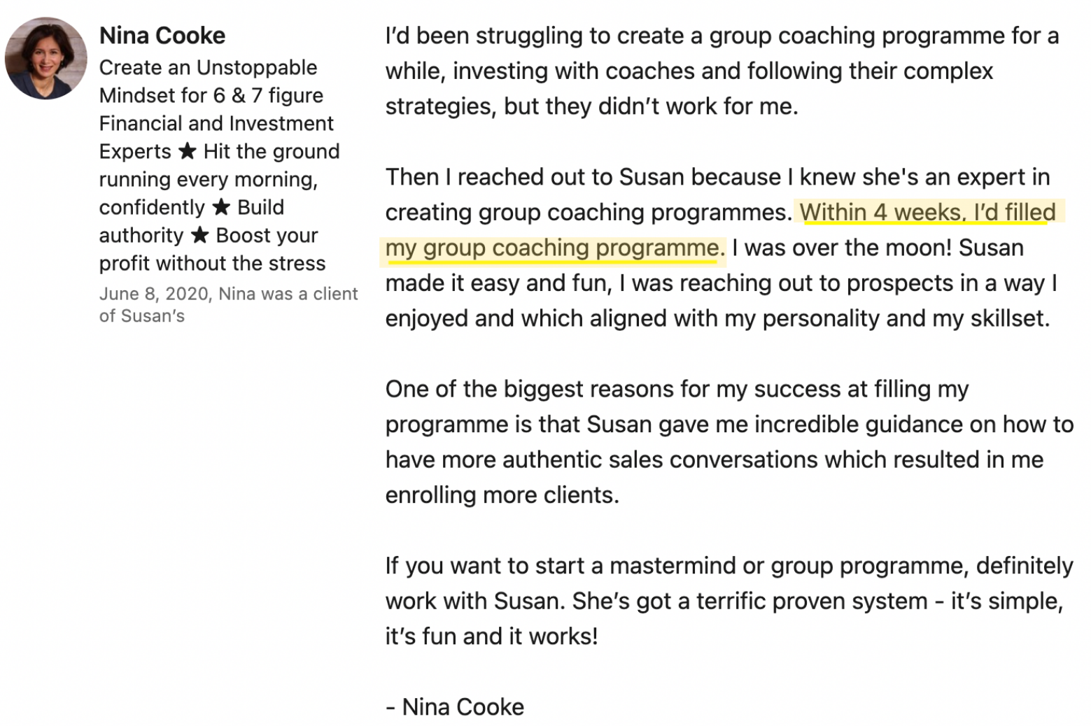 IMAGE | Nina Cooke LinkedIn Highlighted Testimonial