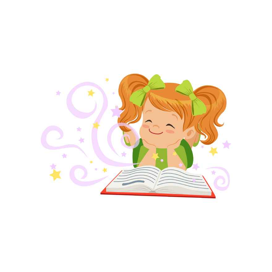 Little Cartoon Girl Reading Magical Book