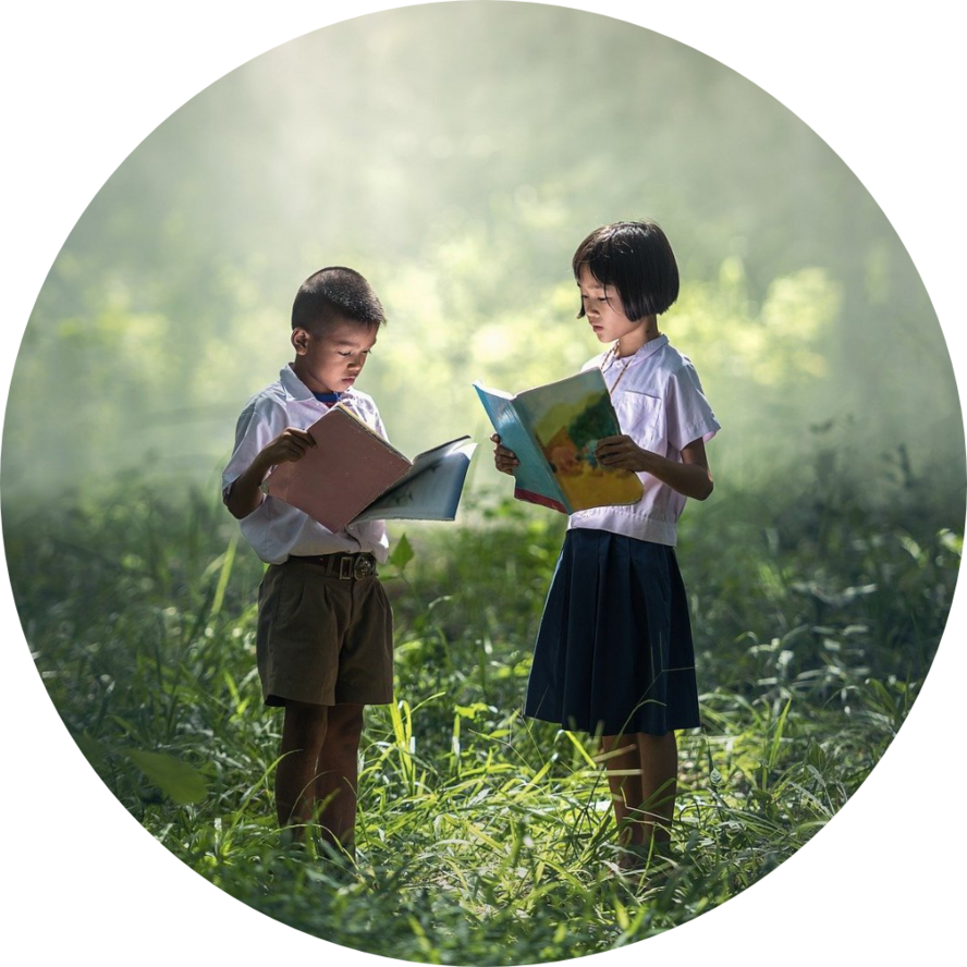 Children reading thai asia green nature circle