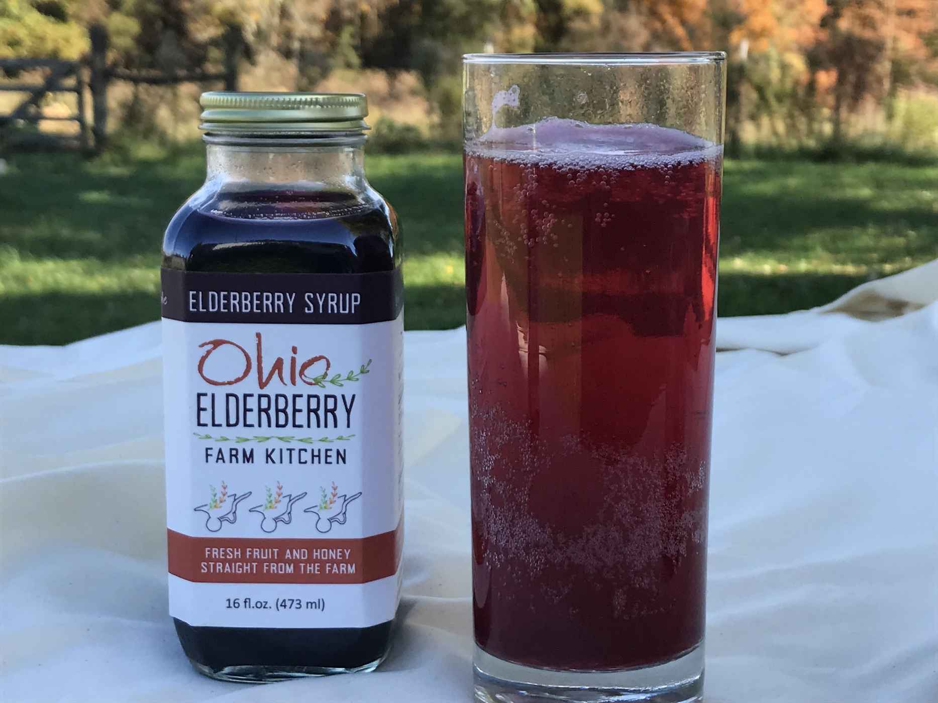 Elderberry syrup in a bottle and mixed with soda water