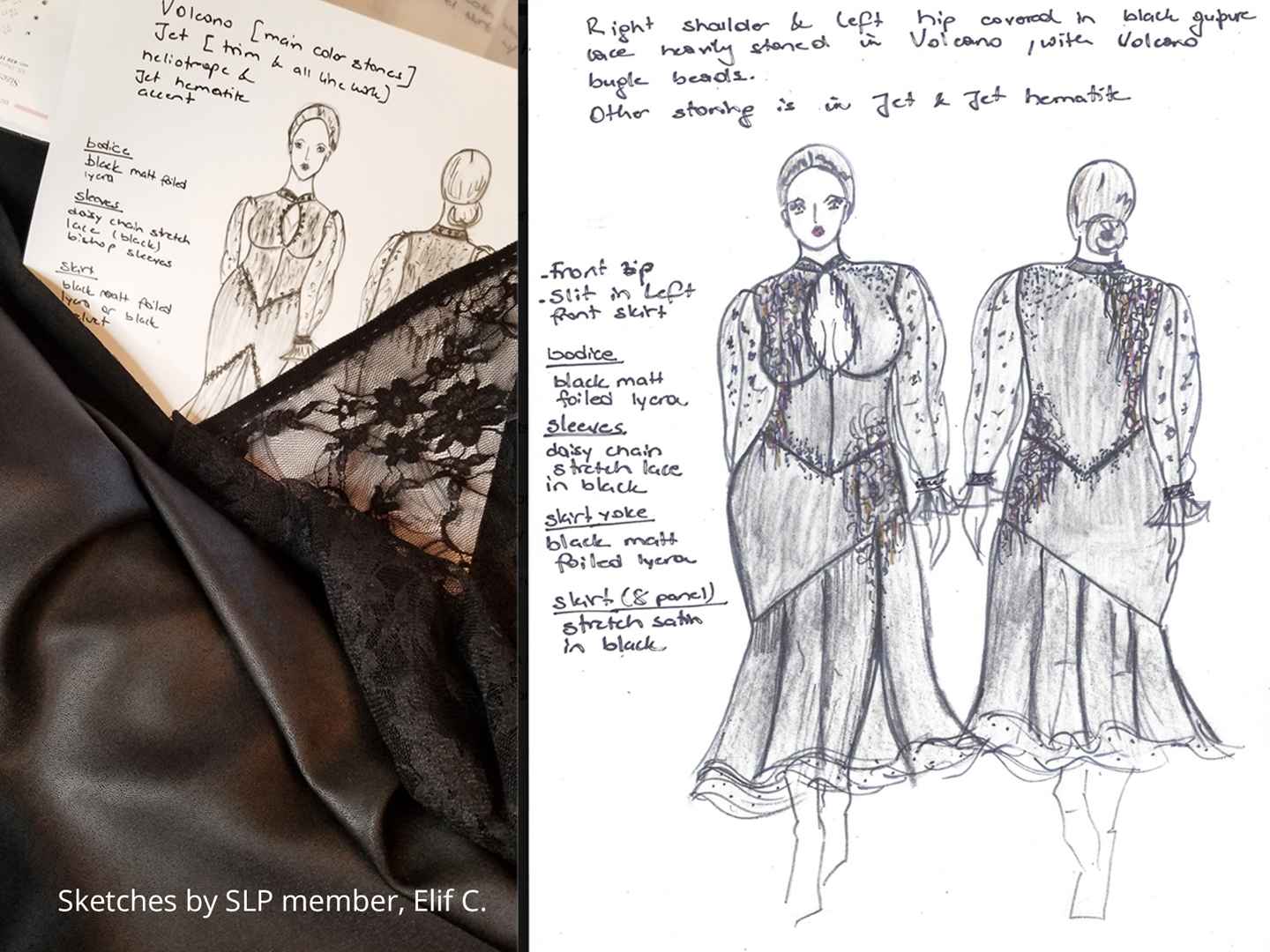SLP member Elif C, black tango dress x2 sketches, credit, small