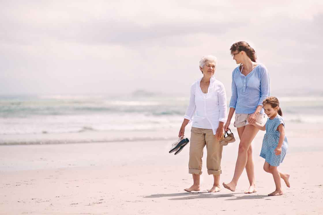 tre generationer af kvinder på stranden