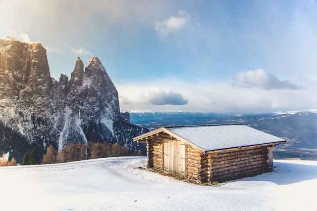mountain hut in snow