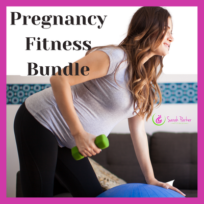 Smiling pregnant woman lifting dumbbells at home, showcasing online pregnancy fitness workout bundle