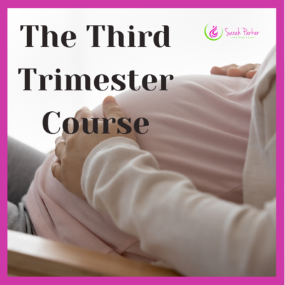 Close-up of pregnant belly with supportive hands, promoting third trimester prenatal exercise and wellness course