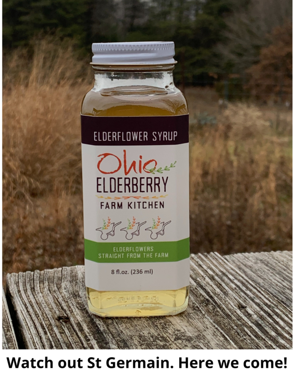 Bottle of elderflower syrup on our deck