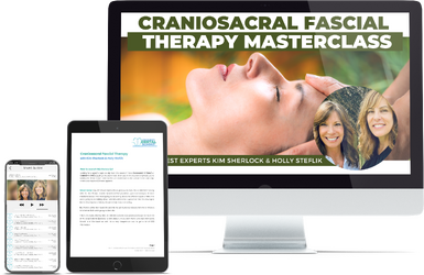 “Craniosacral Fascial Therapy” masterclass with Kim Sherlock and Holly Steflik, displayed on desktop, tablet, and mobile devices.
