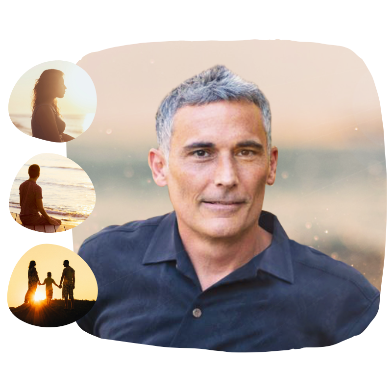 Headshot of Brett Cotter with images of a woman meditating with the sun at her face, a man meditating on the beach, and a happy family walking in the sunset