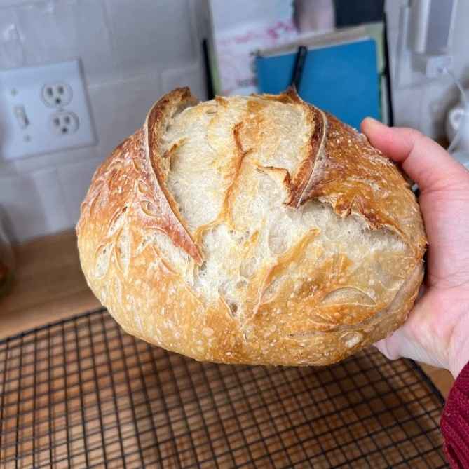 holding sourdough loaf