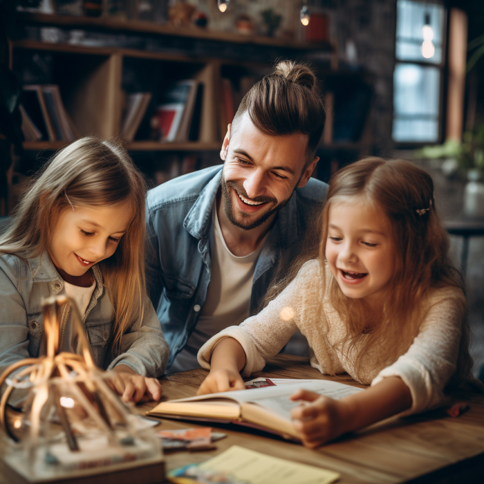 two daughters learning a new word with their dad