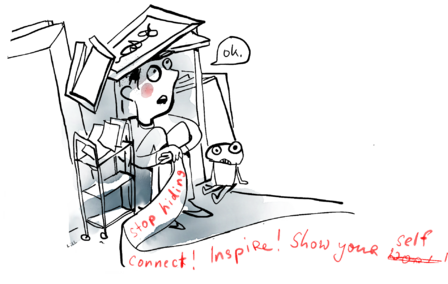 Drawing: a woman peeking out from behind a curtain — stop hiding