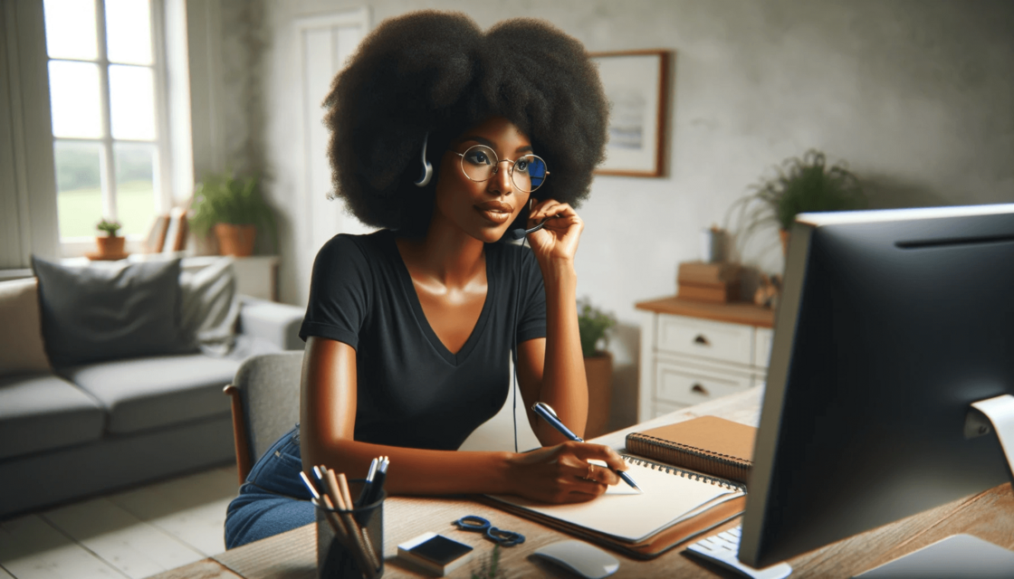 DALL·E 2023-11-10 10.38.23 - A black femme intimacy coach with an Afro and eyeglasses, wearing a black t-shirt and blue jeans, conducting a video coaching session. She is seated a tiny