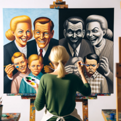 DALL·E 2023-11-17 16.43.38 - A blonde woman seen from the back, painting on a canvas. The canvas is divided into two halves. On the left, a depiction of a happy, smiling family wi